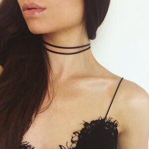 Black Layered Velvet & Leather Lace Collar Necklace – Adjustable Gothic Choker